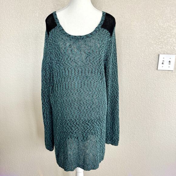 Maurices Sweater Crochet Knit Dress Sz 2 Teal Blue Tunic Long Sleeve Bow Back - Picture 1 of 15